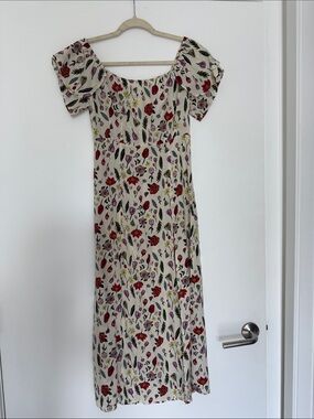 100% Silk Stone Cold Fox Midi Off Shoulder High Slit Dress in Ivory Floral Print